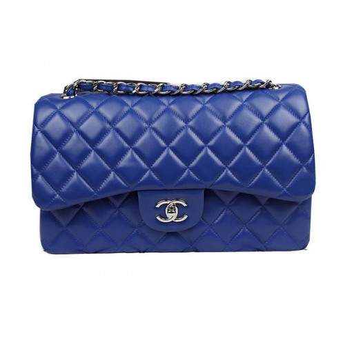Chanel Classic Flap Bag Blauw Origineel Leer CF1113 Zilver