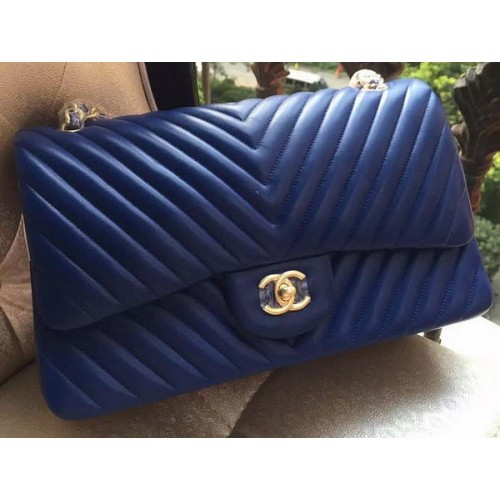 Chanel Classic Flap Bag Blauw Schapenvacht Chevron Quilting A1113 Goud