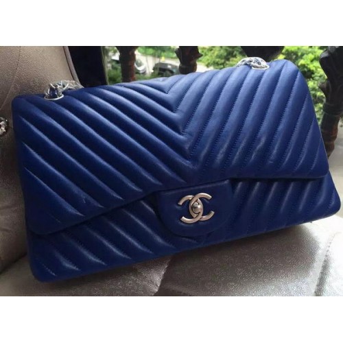 Chanel Classic Flap Bag Blauw Schapenvacht Chevron Quilting A1113 Zilver