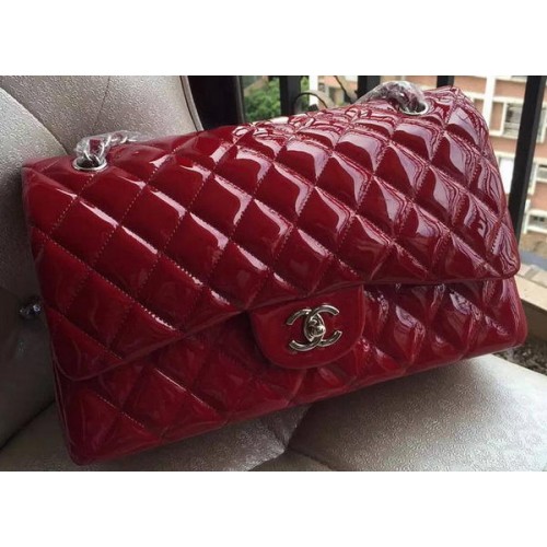 Chanel Classic Flap Bag Bordeaux Origineel Lakleer A1113 Zilver