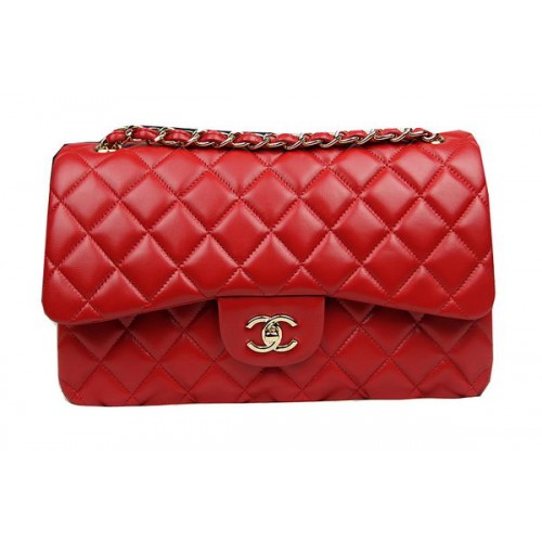 Chanel Classic Flap Bag Rood Origineel Leer CF1113 Goud