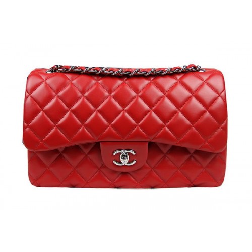 Chanel Classic Flap Bag Rood Origineel Leer CF1113 Zilver