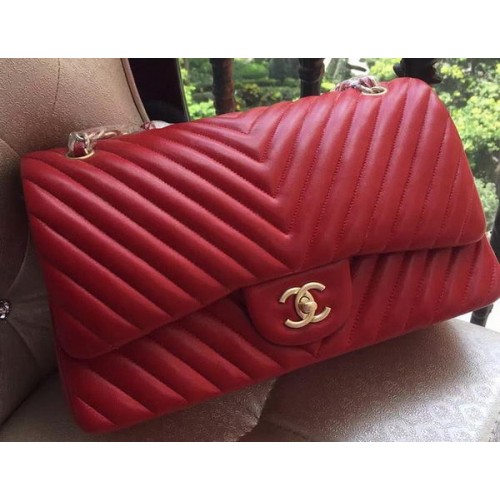 Chanel Classic Flap Bag Rood Schapenvacht Chevron Quilting A1113 Goud
