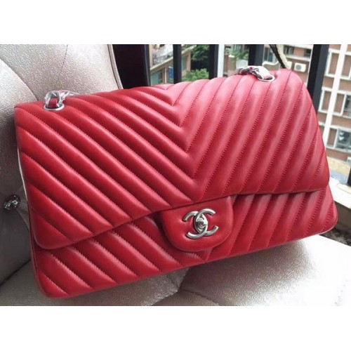 Chanel Classic Flap Bag Rood Schapenvacht Chevron Quilting A1113 Zilver