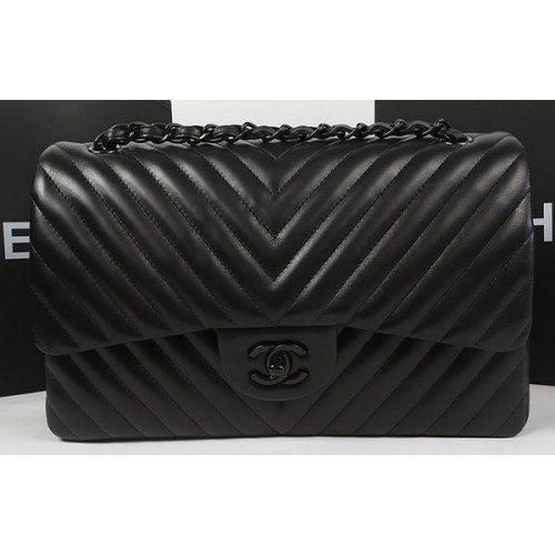 Chanel Classic Flap Bag Schapenvacht Chevron Quilting A1113 Zwart
