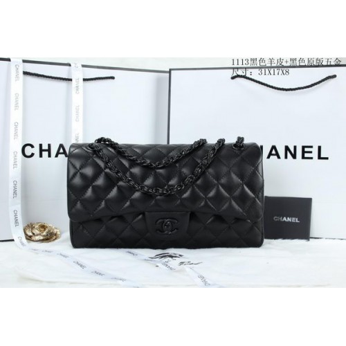 Chanel Classic Flap Bag Schapenleer A1113 Zwart