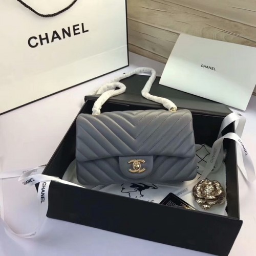 Chanel Classic Flap Bags Grijs Origineel Schapenleer 1116 Goud