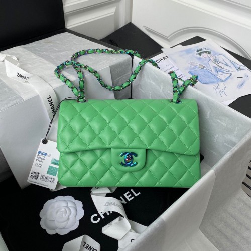 Chanel Classic Flap Schoudertas Origineel Schapenleer Kleuren Gesp Medium A01113 Groen&Blauw