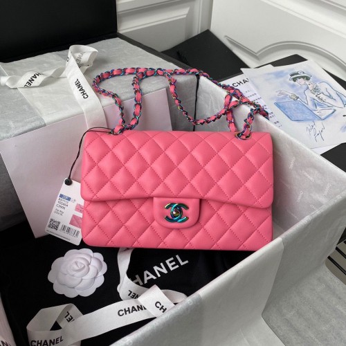 Chanel Classic Flap Schoudertas Origineel Schapenleer Kleuren Gesp Medium A01113 Rose&Yellow
