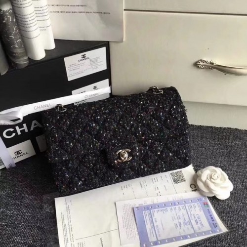Chanel Classic handtas geborduurd tweed zilverkleurig metaal A01112 zwart