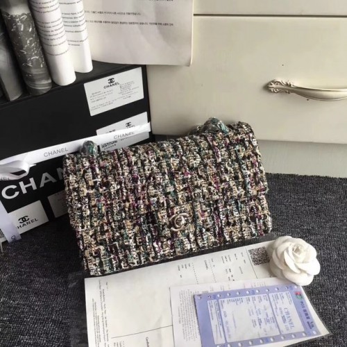 Chanel Classic handtas geborduurd tweed zilverkleurig metaal A01112 groen