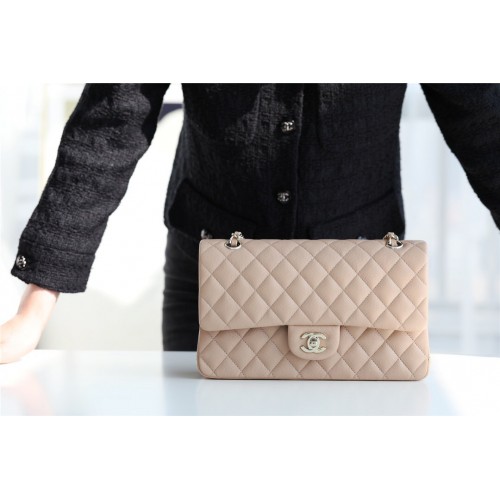 Chanel Classic handtas generfd kalfsleer zilverkleurig metaal A1112 abrikoos