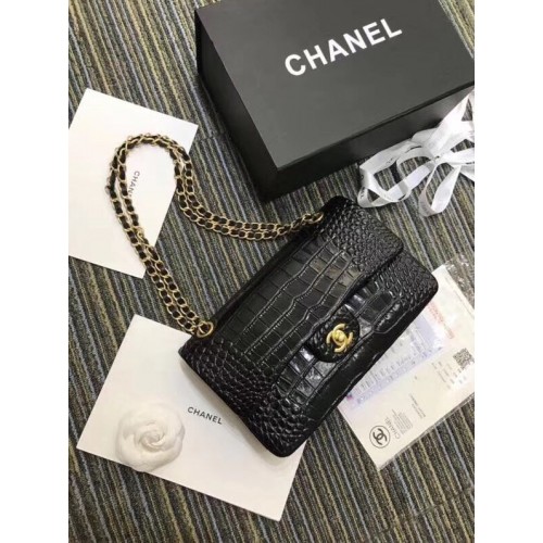 Chanel Classic handtas origineel alligator goudkleurig metaal A01112 zwart