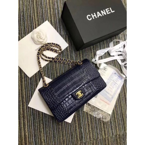 Chanel Classic handtas origineel alligator goudkleurig metaal A01112 donkerblauw