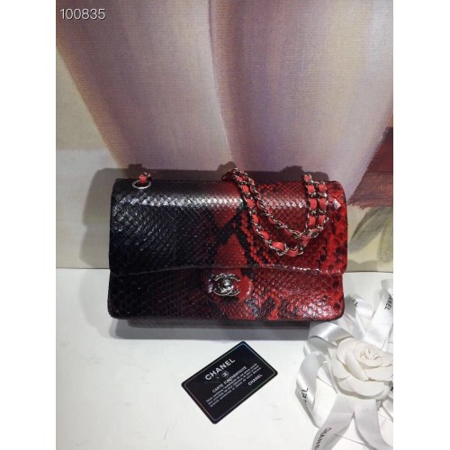 Chanel Classic Handtas Python Leer A01112 Zwart&Rood