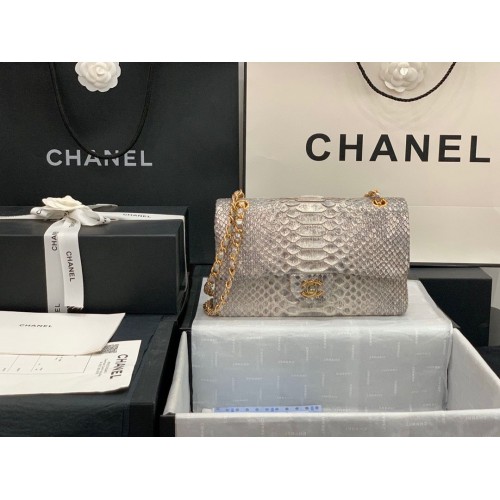 Chanel Classic Handtas Python Leer Zilver A01112 Gouden Hardware