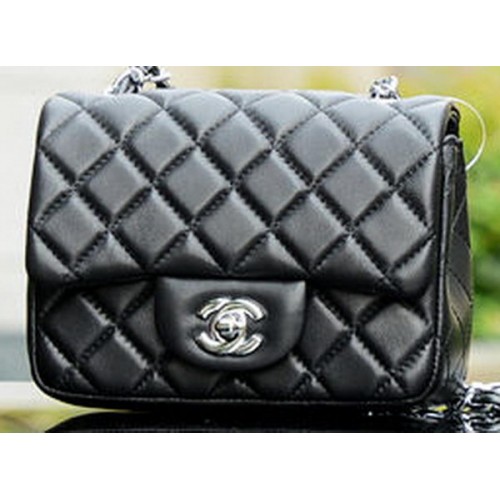 Chanel Classic MINI Flap Bag Zwart Schapenvacht A37585 Zilver