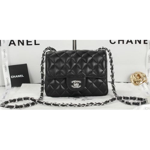 Chanel Classic MINI Flap Bag Zwart Schapenleer A1115 Zilver