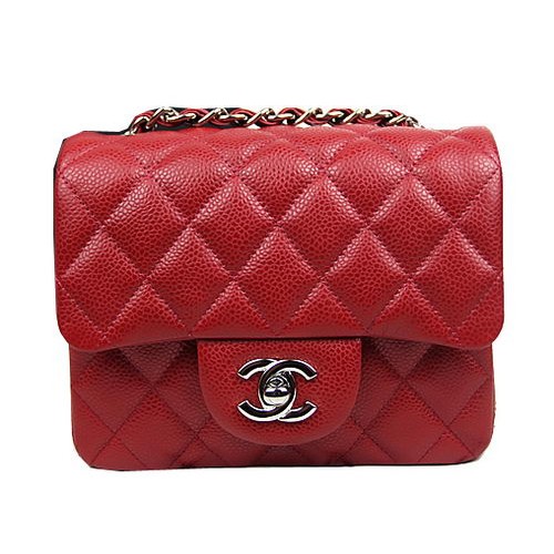 Chanel Classic MINI Flap Bag CF1115 Rood Cannage Patroon Zilver