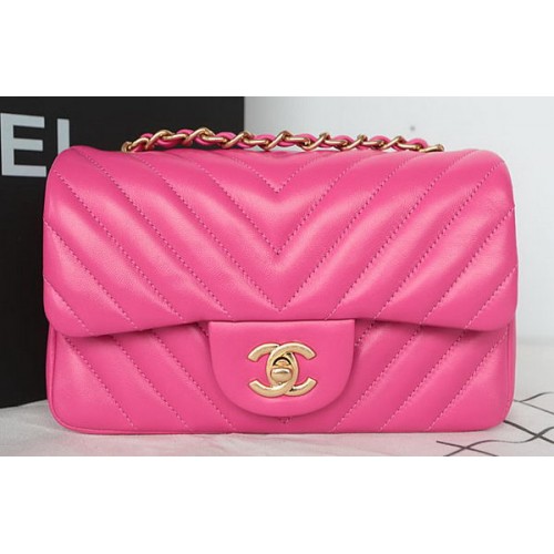 Chanel Classic MINI Flap Bag Chevron Schapenleer Leer A1119 Roze
