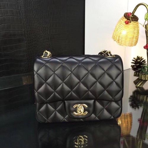 Chanel Classic MINI Flap Bag Origineel Schapenleer A1115 Zwart Gouden Ketting