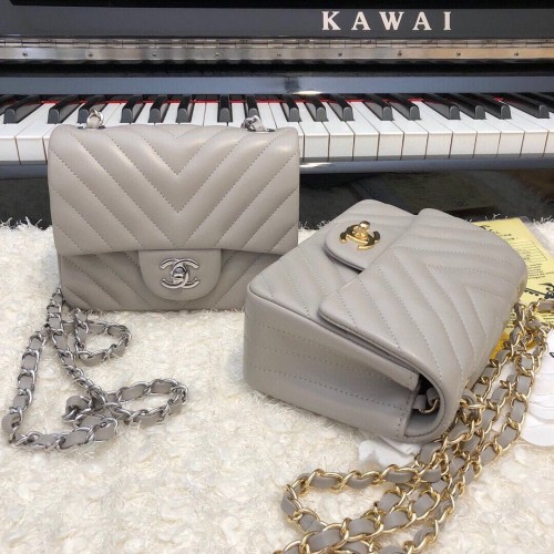 Chanel Classic MINI Flap Bag Origineel Schapenleer A1115 Grijs