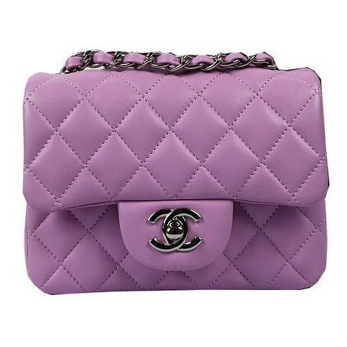 Chanel Classic MINI Flap Bag Paars Origineel Schapenleer CF1115 Zilver