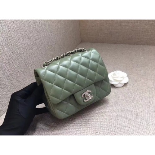 Chanel Classic MINI Flap Bag originele Schapenvacht Leer A1115 groen zilveren ketting