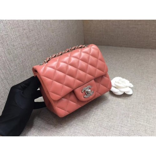 Chanel Classic MINI Flap Bag originele schapenvacht lederen A1115 roze zilveren ketting