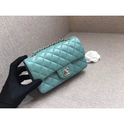 Chanel Classic MINI Flap Bag origineel Schapenleer A1116 Lichtblauwe zilveren ketting