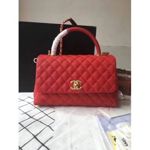 Chanel Classic Red Top Handle Bag Rood Origineel Leer A92292 Goud