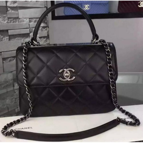 Chanel Classic Top Flap Bag Zwart Origineel Leer A98079 Zilver