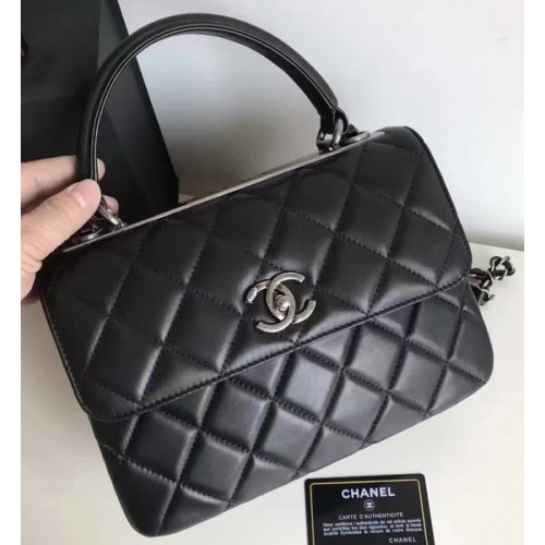Chanel Classic Top Flap Bag Zwart Origineel Schapenleer A92236 Zilver