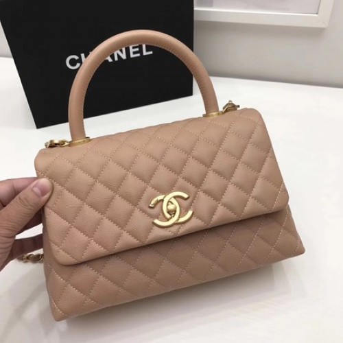 Chanel Classic Top Handle Bag Abrikoos Origineel Leer A92991 Goud