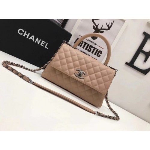 Chanel Classic Top Handle Bag Abrikoos Origineel Leer A92991 Zilver