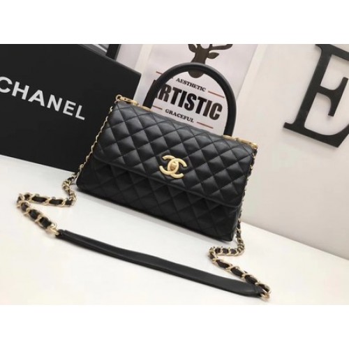 Chanel Classic Top Handle Bag Zwart Origineel Leer A92991 Goud