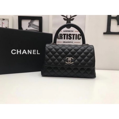Chanel Classic Top Handle Bag Zwart Origineel Leer A92991 Zilver