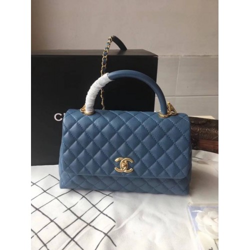 Chanel Classic Top Handle Bag Blauw Origineel Leer A92292 Goud