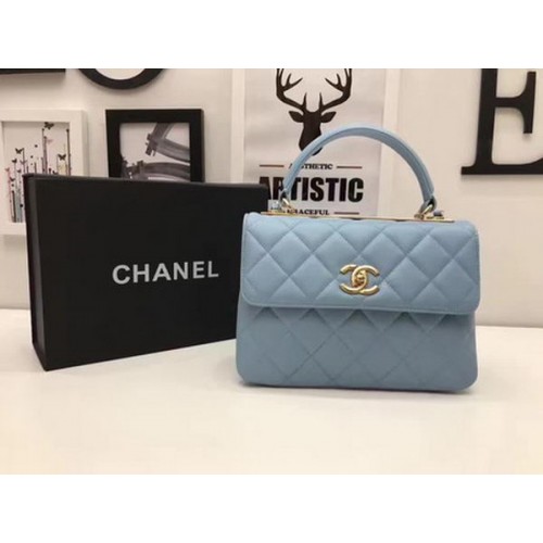 Chanel Classic Top Handle Bag Blauw Schapenleer A92991 Goud