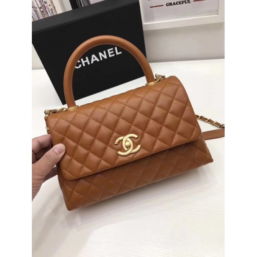 Chanel Classic Top Handle Bag Bruin Origineel Leer A92991 Goud