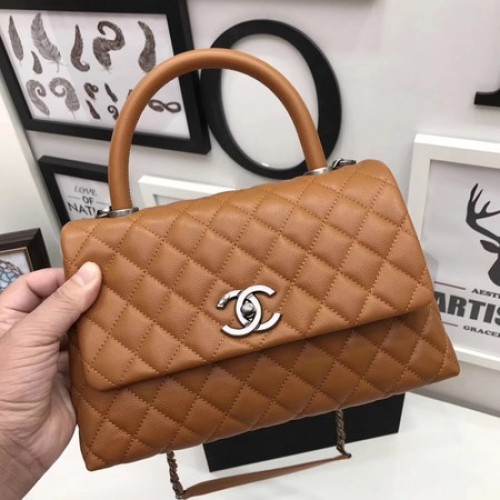 Chanel Classic Top Handle Bag Bruin Origineel Leer A92991 Zilver