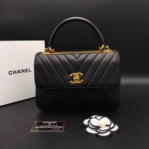 Chanel Classic Top Handle Bag Chevron Schapenvacht Leer CHA2371 Zwart