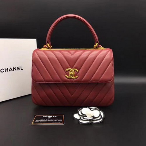 Chanel Classic Top Handle Bag Chevron Schapenvacht Leer CHA2371 Rood