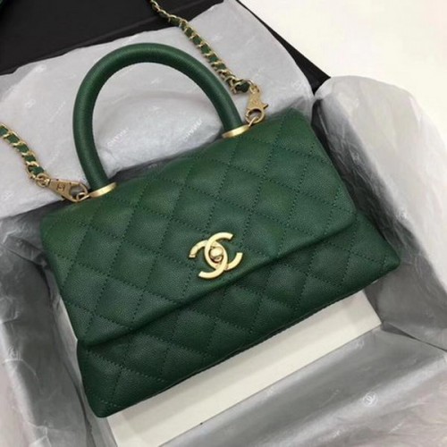 Chanel Classic Top Handle Bag Groen Cannage Patroon A92290 Goud