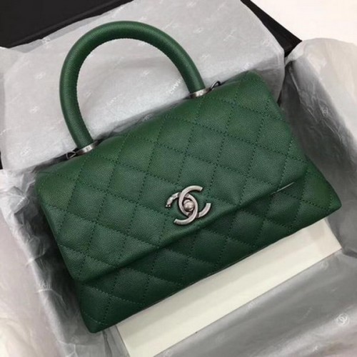 Chanel Classic Top Handle Bag Groen Cannage Patroon A92290 Zilver