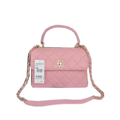 Chanel Classic Top Handle Bag Origineel Schapenleer Leer CHA92236 Roze