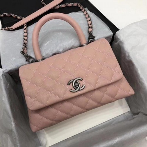 Chanel Classic Top Handle Bag Roze Cannage Patroon A92290 Zilver