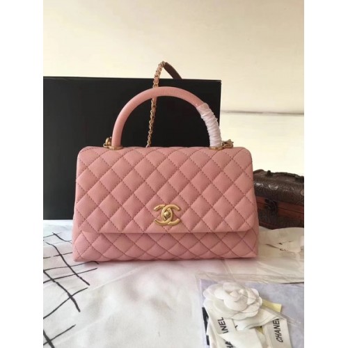 Chanel Classic Top Handle Bag Roze Origineel Leer A92292 Goud