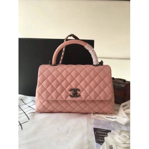 Chanel Classic Top Handle Bag Roze Origineel Leer A92292 Zilver