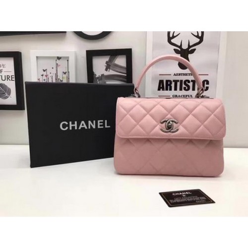 Chanel Classic Top Handle Bag Roze Schapenleer A92991 Zilver